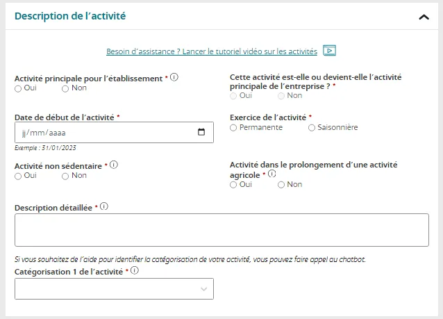 Remplissez les informations relatives à la nouvelle activité de la société