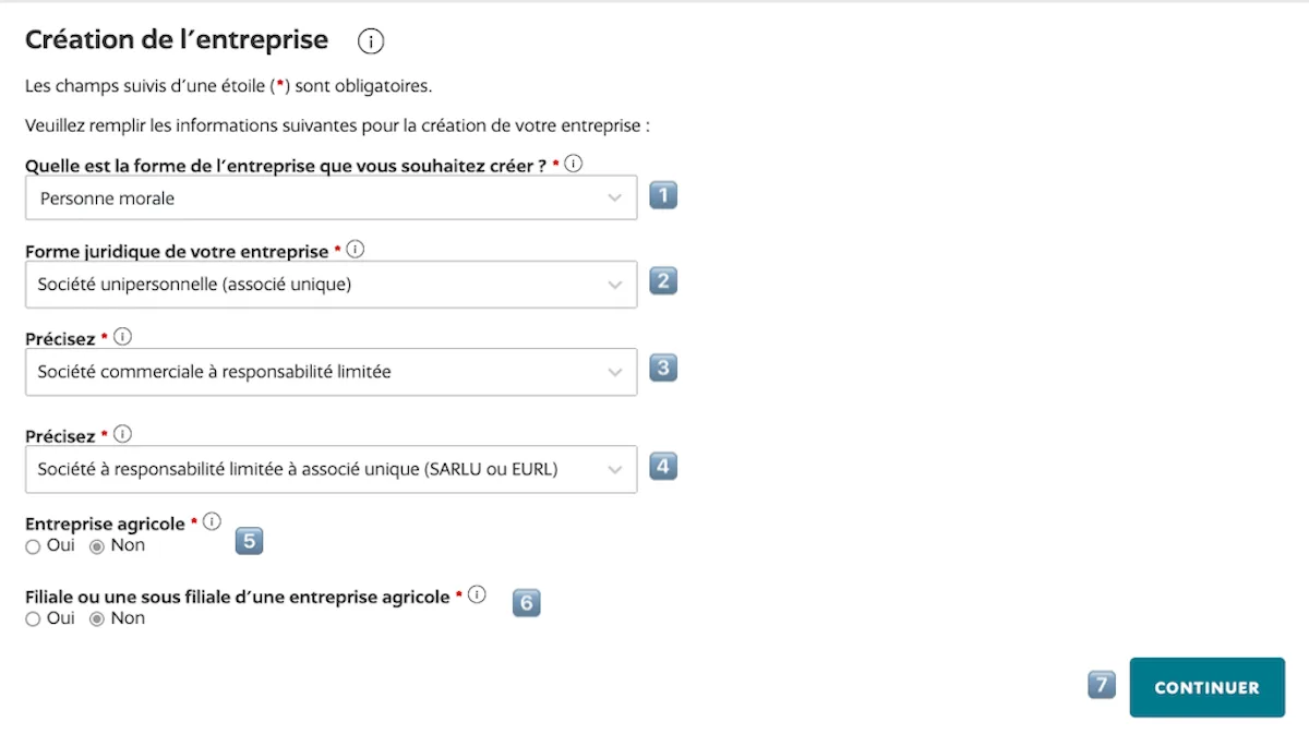 Pour immatriculer une EURL, choisir "Personne morale", "Société unipersonnelle", "Société commerciale à responsabilité limitée, "Société à responsabilité limitée à associé unique"