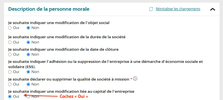 Cochez Oui "je souhaite indiquer une modification liée au capital"