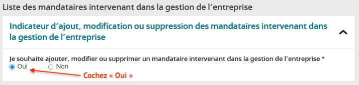 Cochez OUI "je souhaite ajouter, modifier ou supprimer un mandataire »
