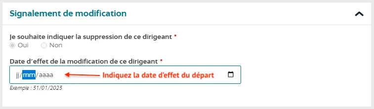 Indiquez la date d'effet du départ
