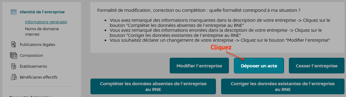Cliquez sur "Déposer un acte"