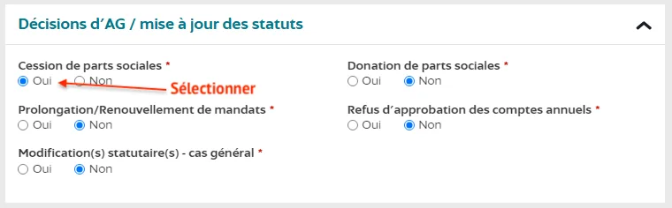 Sélectionnez "oui" à cession de parts sociales