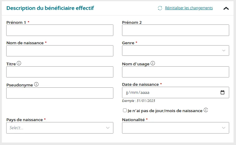 Indiquez les informations personnelles du bénéficiaire effectif
