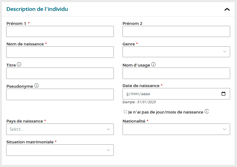 Remplissez les informations personnelles de l'individu