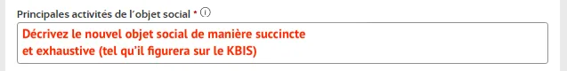 Décrivez le nouvel objet social dans le cadre « Principales activités de l’objet social »