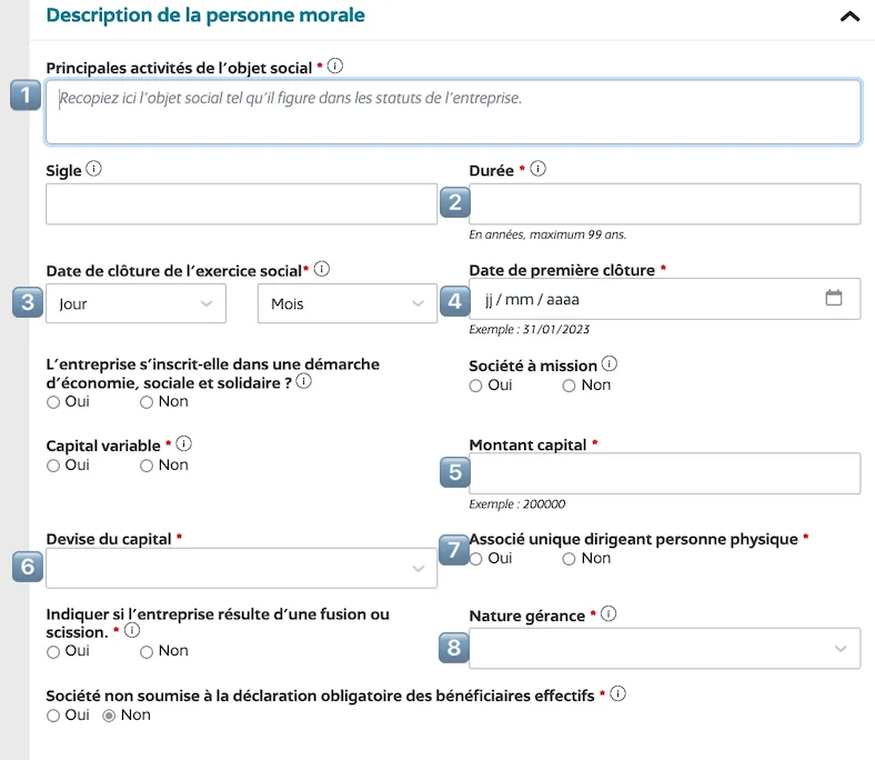 Remplissez toutes les informations d'identification de la Société en vous référant aux statuts