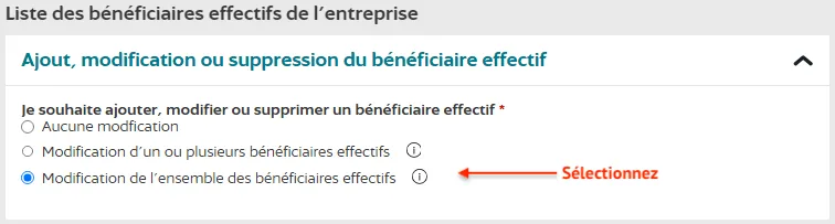 Sélectionnez "modification de l'ensemble des bénéficiaires effectifs"