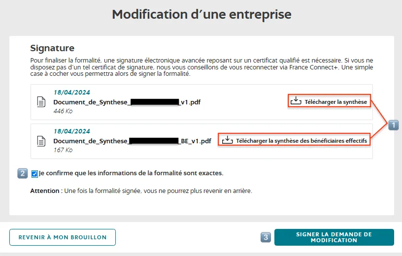 Téléchargez les synthèses, puis validez les informations avant de cliquer sur Signer