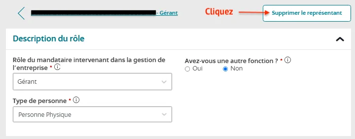 Cliquez sur supprimer le représentant
