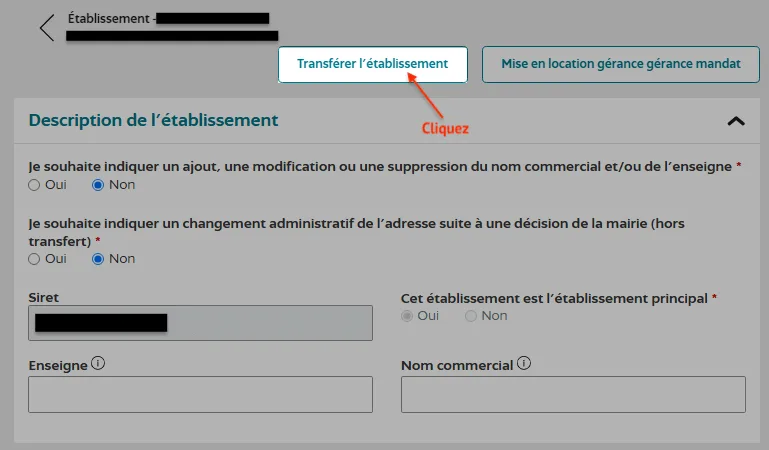 Cliquez sur "transférer l'établissement"