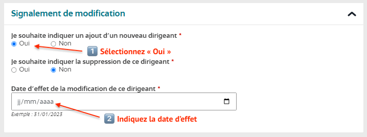 Indiquez la date de nomination du nouveau dirigeant