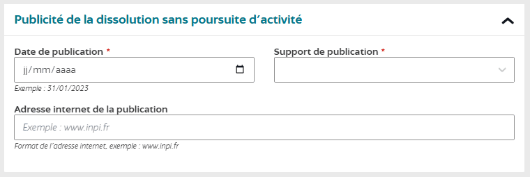 Remplissez les informations relatives à l'avis de dissolution (date et journal de parution)