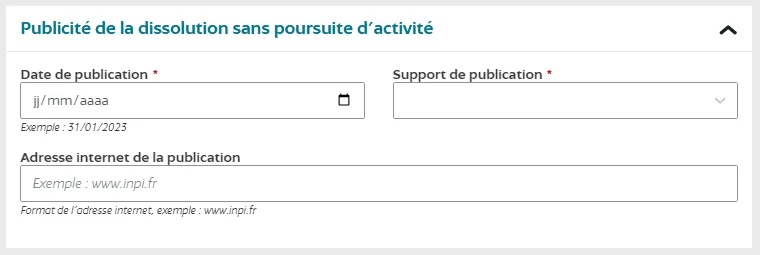 Remplissez les informations relatives à l'avis de dissolution (date et journal de parution)