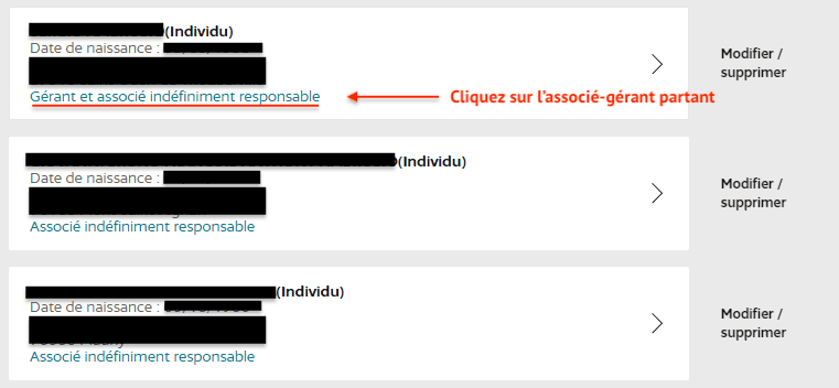 Cliquez sur l'associé gérant partant