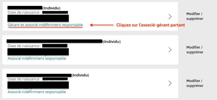 Cliquez sur l'associé gérant partant
