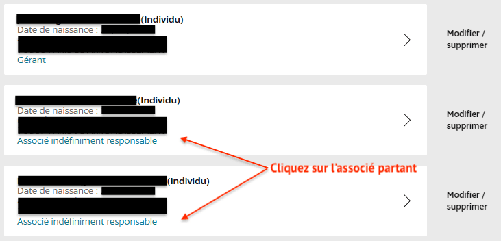 Cliquez sur l'associé partant