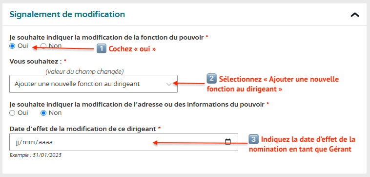 Cochez "je souhaite indiquer la modification de la fonction du pouvoir", sélectionnez "ajouter une nouvelle fonction" puis indiquez la date d'effet de la nomination