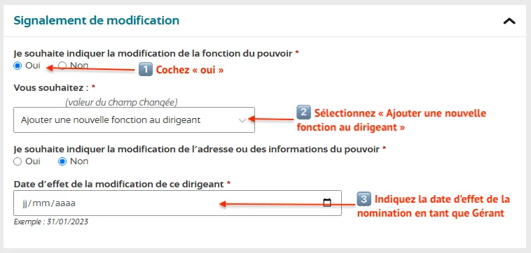 Cochez "je souhaite indiquer la modification de la fonction du pouvoir", sélectionnez "ajouter une nouvelle fonction" puis indiquez la date d'effet de la nomination
