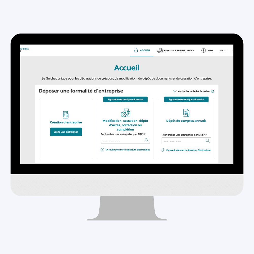Ordinateur sur la page de dépôt d'une formalité juridique sur le Guichet Unique