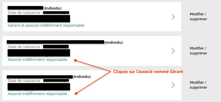 Cliquez sur l'associé nommé gérant