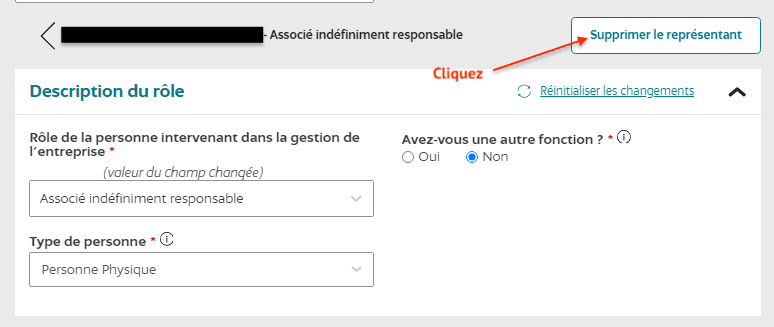 Cliquez sur supprimer le représentant