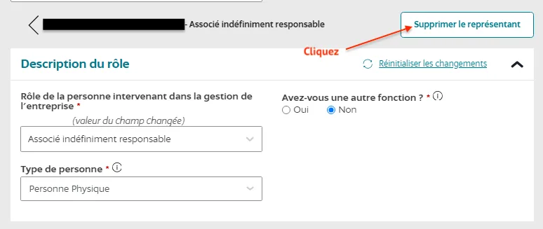 Cliquez sur supprimer le représentant